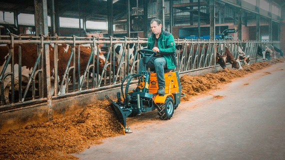 Tuchel-Trac MINI 3 Hoflader mit Futterschieber beim Heranschieben von Silage am Futtertisch im Kuhstall